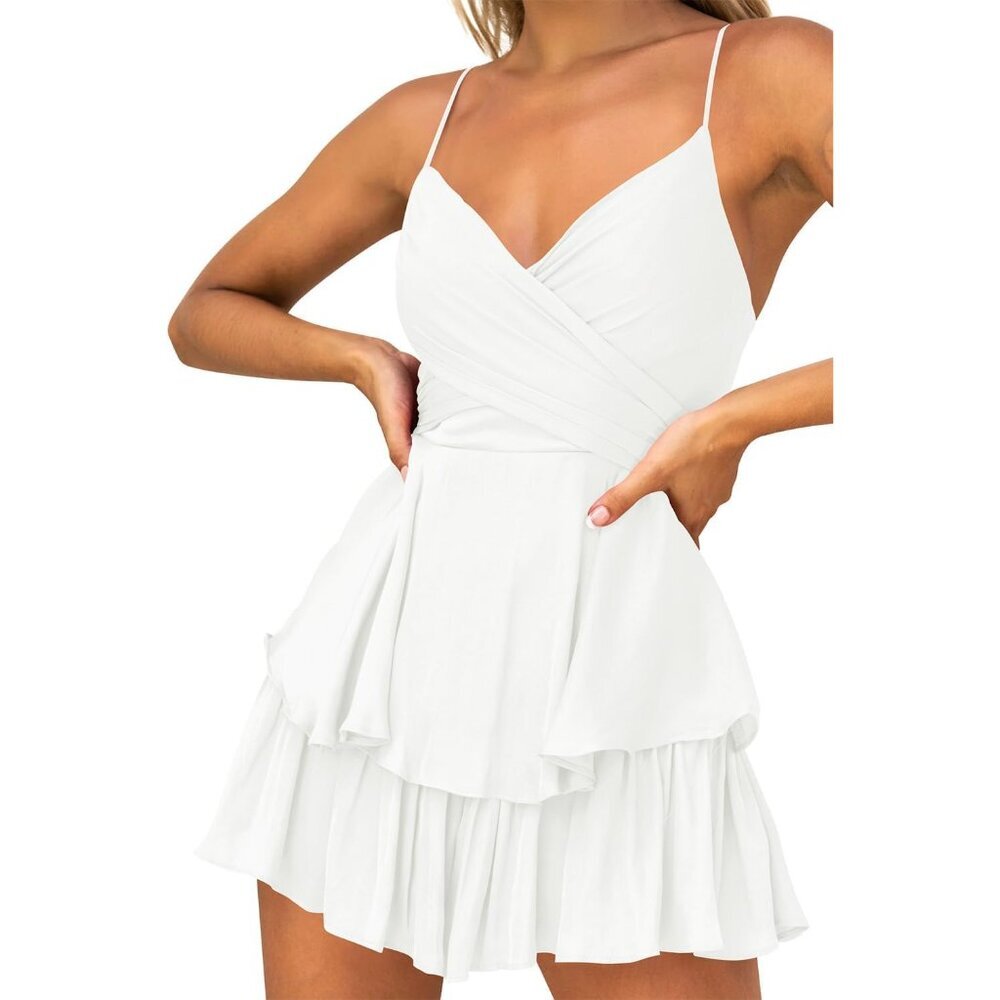 Women's Polyester Mini Dress V-Neck Adjustable Spaghetti Strap Sleeveless - Picture 3 of 4
